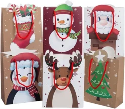 12pcs Christmas Reusable Kraft Paper Bag With Handle