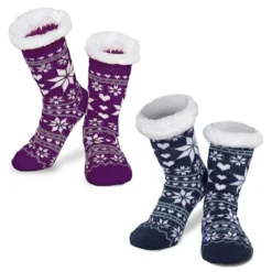 2pcs Women Soft Fuzzy Slipper Socks Navy Blue & Purple
