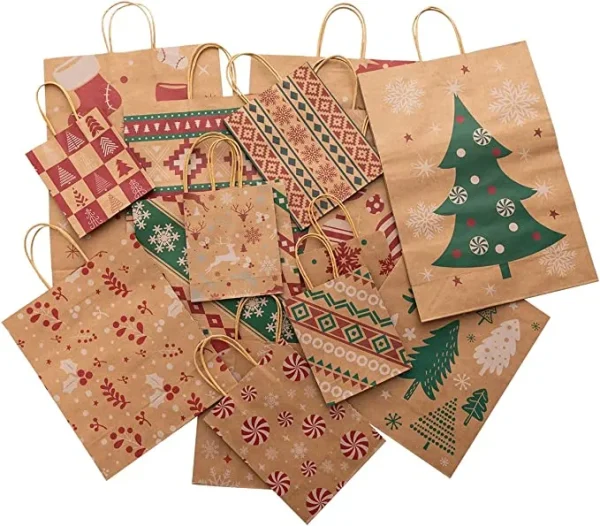 12pcs Reusable Kraft Paper Christmas Gift Bags With Handle 4 12pcs Reusable Kraft Paper Christmas Gift Bags With Handle - Image 2