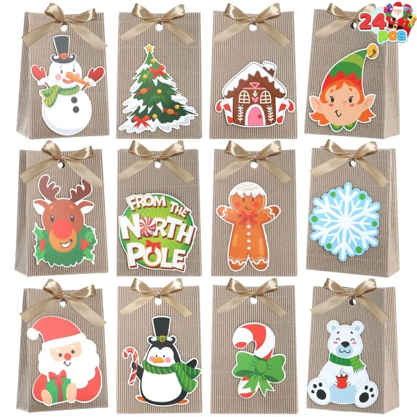 24pcs Christmas Kraft Paper Gift Bags With Silk Ribbon 4 24pcs Christmas Kraft Paper Gift Bags With Silk Ribbon - Image 2