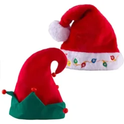 2pcs Christmas Light Up Red Plush Santa Hat -Christmas Favors Shop 2Pcs Blinking Light up Plush Red Santa Hat Blinking Light up Elf 结果 1