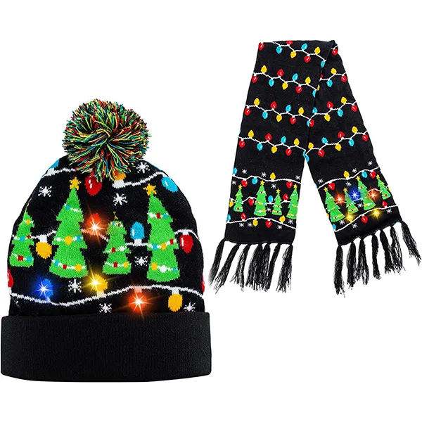 2pcs Christmas Tree LED Light Up Beanie Cap & Scarf 3 2pcs Christmas Tree LED Light Up Beanie Cap & Scarf