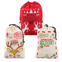 3pcs Large Chirstmas Burlap Santa Sack With Drawstring