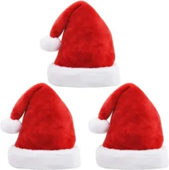 3Pcs Santa Hats With White Plush Trim And Red Velvet