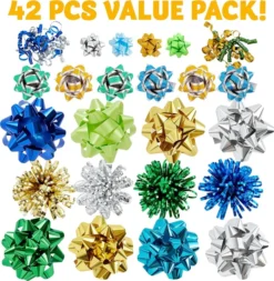 42pcs Gold Silver Green Teal And Babyblue Gift Bows -Christmas Favors Shop 42Pcs Christmas Gift Bow Assortment Gold Silver Green Teal and Babyblue 2 600x615 1