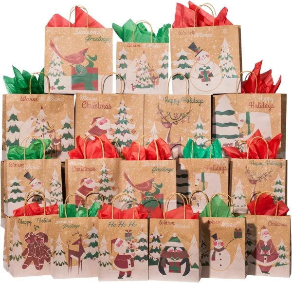48pcs Assorted Prints Christmas Kraft Gift Bags 3 48pcs Assorted Prints Christmas Kraft Gift Bags