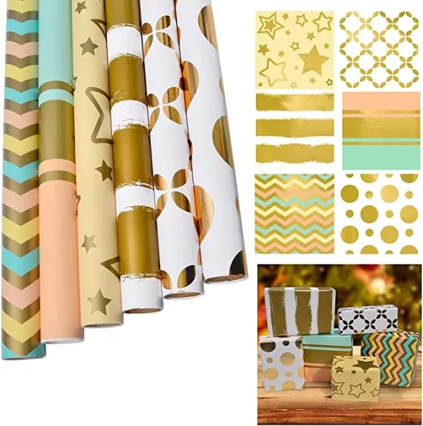 6 Rolls Gold Print Wrapping Paper 4 6 Rolls Gold Print Wrapping Paper - Image 2
