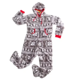 One Piece Hooded Flannel Christmas Pajamas -Christmas Favors Shop Adult Grey Snowflake Onesie 5 result 600x662 1