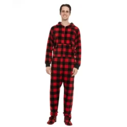 Hooded One Piece Fleece Christmas Pajamas -Christmas Favors Shop Adult Red Buffalo Onesie 4 result 600x600 1