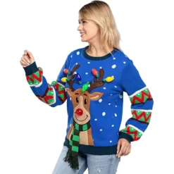 Womens LED Reindeer Light Up Ugly Christmas Sweater -Christmas Favors Shop Adult Reindeer Ugly Blue Sweater with Light Bulbs 1
