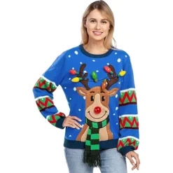 Womens LED Reindeer Light Up Ugly Christmas Sweater -Christmas Favors Shop Adult Reindeer Ugly Blue Sweater with Light Bulbs 2