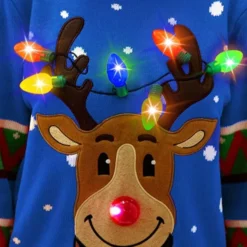 Womens LED Reindeer Light Up Ugly Christmas Sweater -Christmas Favors Shop Adult Reindeer Ugly Blue Sweater with Light Bulbs 5 600x600 1