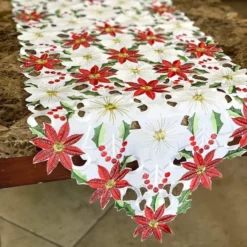 Embroidered Poinsettia Holly Leaf Table Flower Runner