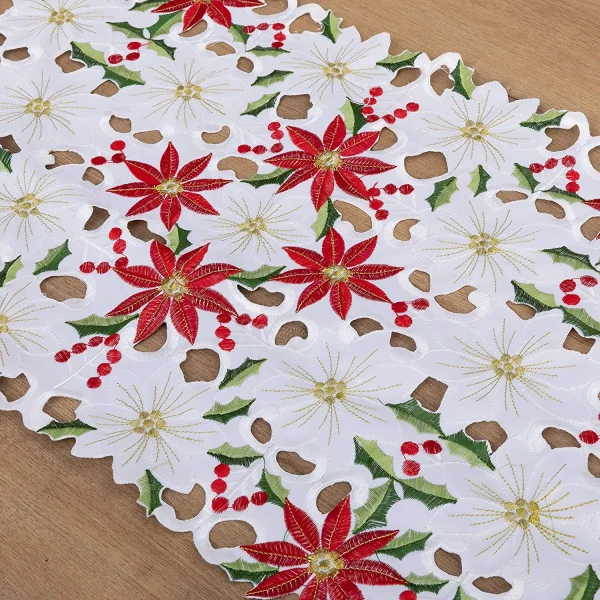 Embroidered Poinsettia Holly Leaf Table Flower Runner 4 Embroidered Poinsettia Holly Leaf Table Flower Runner - Image 2