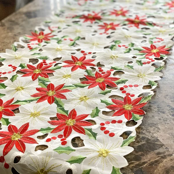 Embroidered Poinsettia Holly Leaf Table Flower Runner 7 Embroidered Poinsettia Holly Leaf Table Flower Runner - Image 5