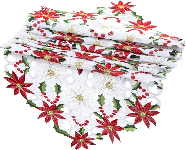 Embroidered Poinsettia Holly Leaf Table Flower Runner 8 Embroidered Poinsettia Holly Leaf Table Flower Runner - Image 6