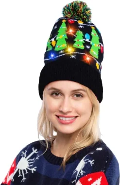 Adult Christmas LED Light Up Knit Cap Beanie -Christmas Favors Shop Christmas Tree Knitted Lit up Beanie 4 result
