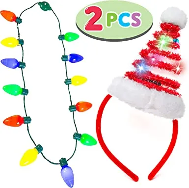 2pcs Christmas Lighted Necklace And Santa Hat Headband 4 2pcs Christmas Lighted Necklace And Santa Hat Headband - Image 2