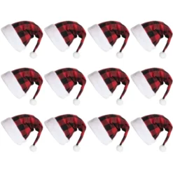 12pcs Red Velvet Plush Plaid Christmas Hat