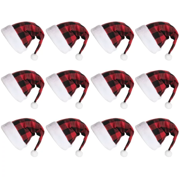 12pcs Red Velvet Plush Plaid Christmas Hat 3 12pcs Red Velvet Plush Plaid Christmas Hat