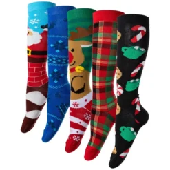 5pcs Womens Christmas Knee High Socks Pattern