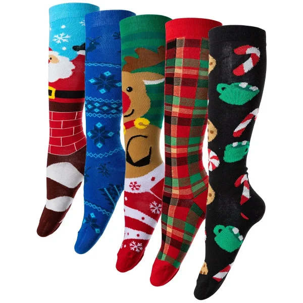 5pcs Womens Christmas Knee High Socks Pattern 3 5pcs Womens Christmas Knee High Socks Pattern